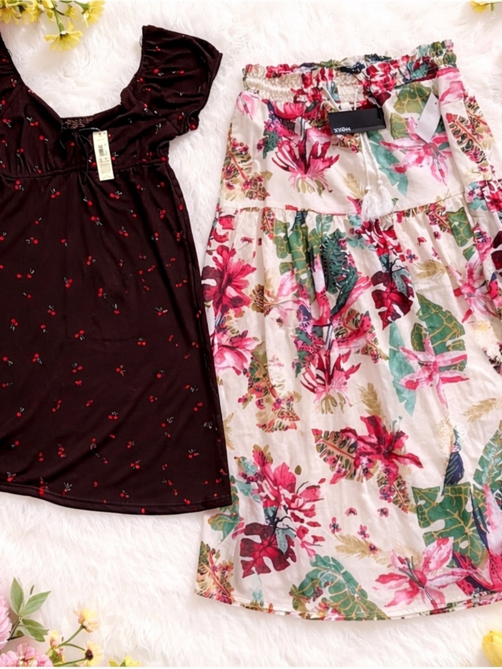 Mexx Cream Maxi Skirt with Pink & Green Floral Print - cherry dress both nWT